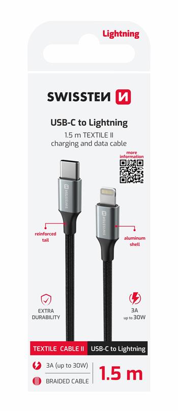 SWISSTEN kabel USB-C/Lightning TEXTILE II, 3A, 30W, 480 Mb/s, 1,5m crno-sivi