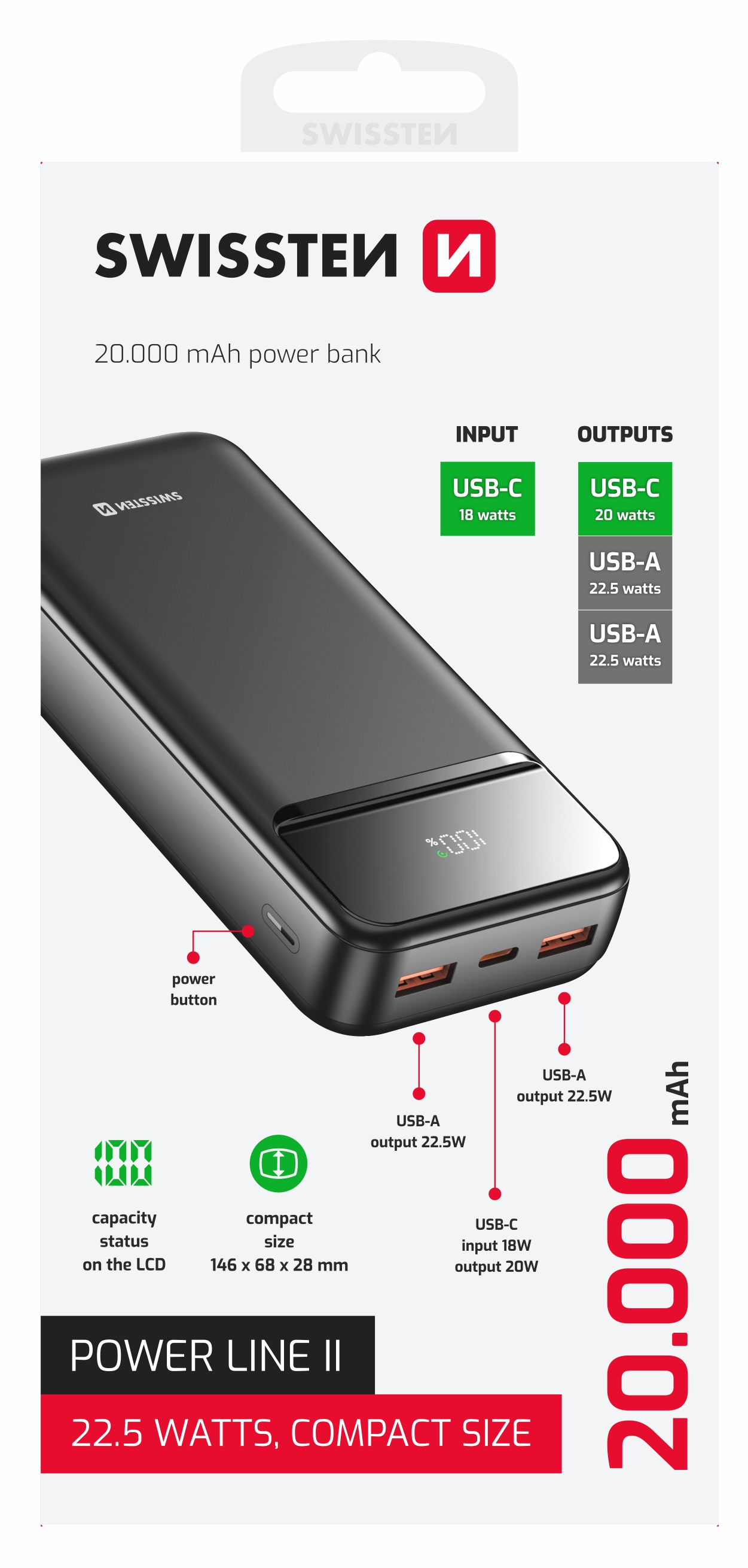 Dodatna baterija - Power Bank SWISSTEN 20000mAh, max 22,50W, USB-C, 2xUSB-A