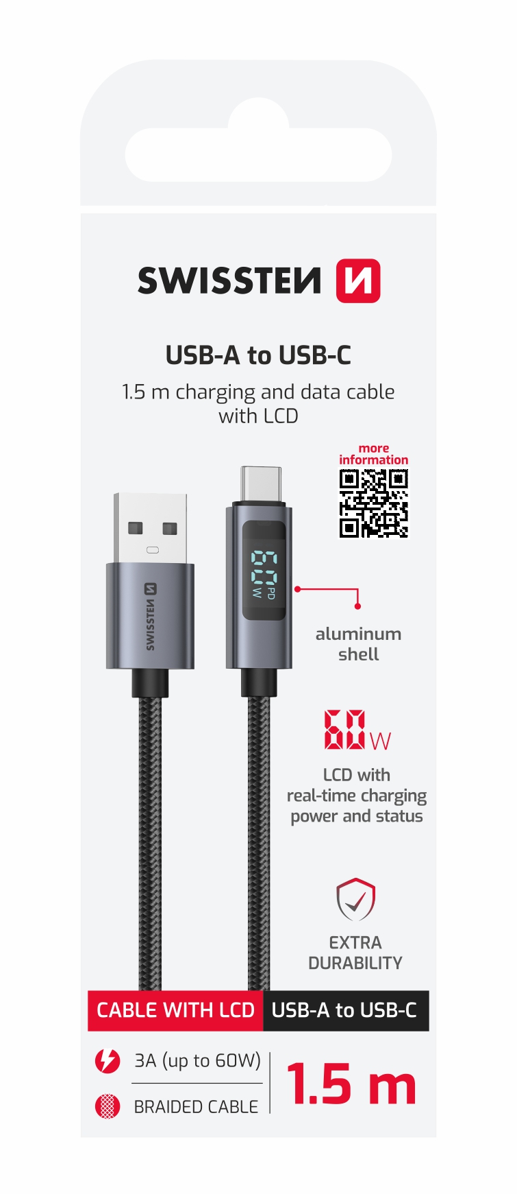 SWISSTEN kabel LED indikator, USB/USB-C 1,5 m, 60W, tekstilni crni