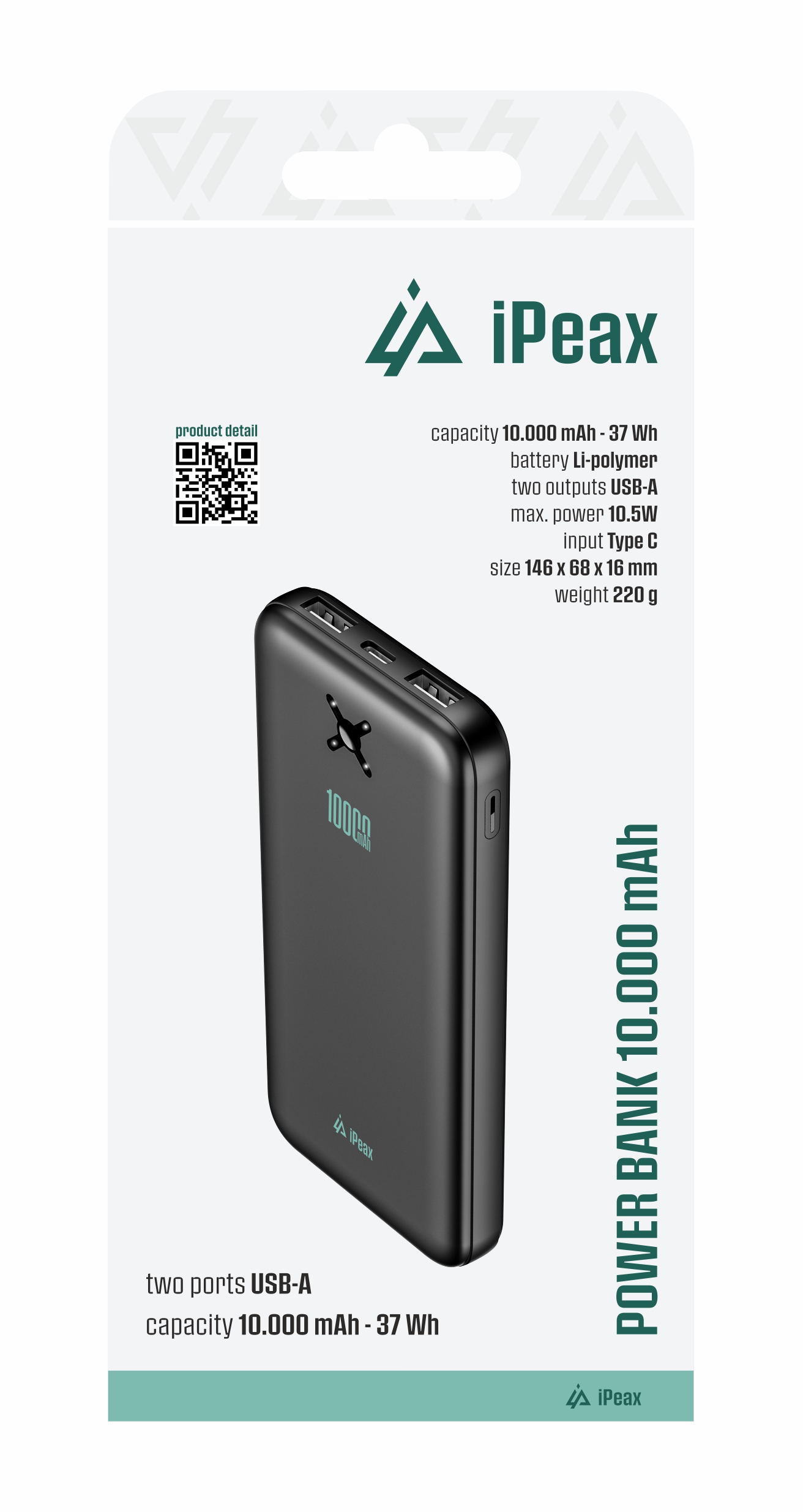 iPEAX prijenosna baterija, POWER BANK 10000 mAh, 10,5 W, 2x USB-A CRNA