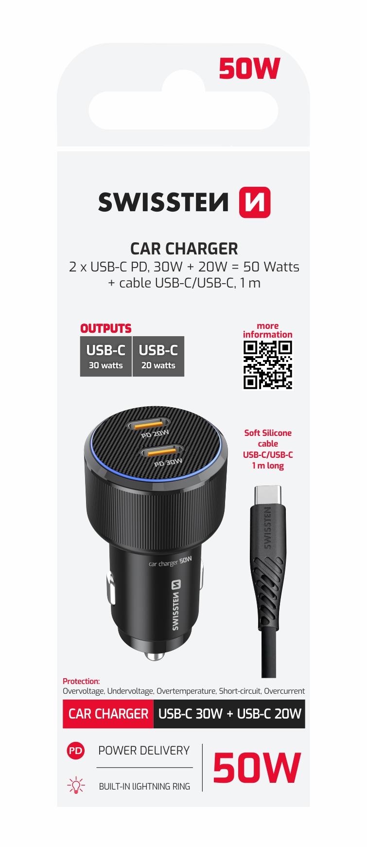 SWISSTEN punja� za auto 2x USB-C PD, 50W Crni + Kabel USB-C / USB-C, 1m