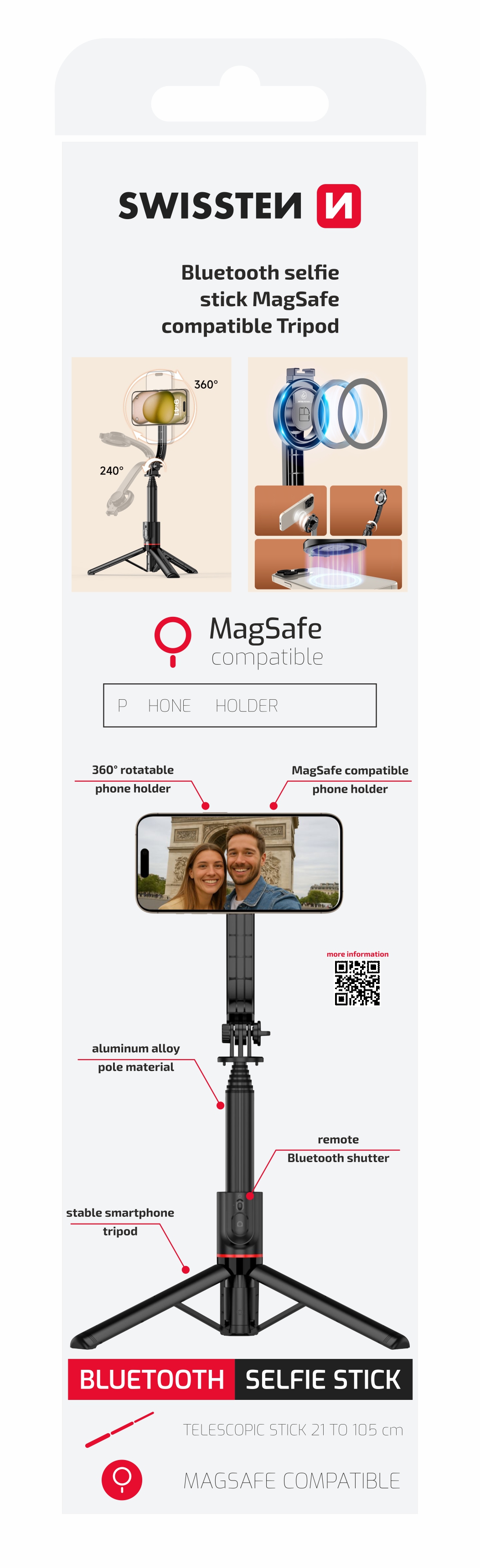 SWISSTEN selfie dr�a� za mobitel, 21�105cm, Bluetooth, trono�ac, MagSafe