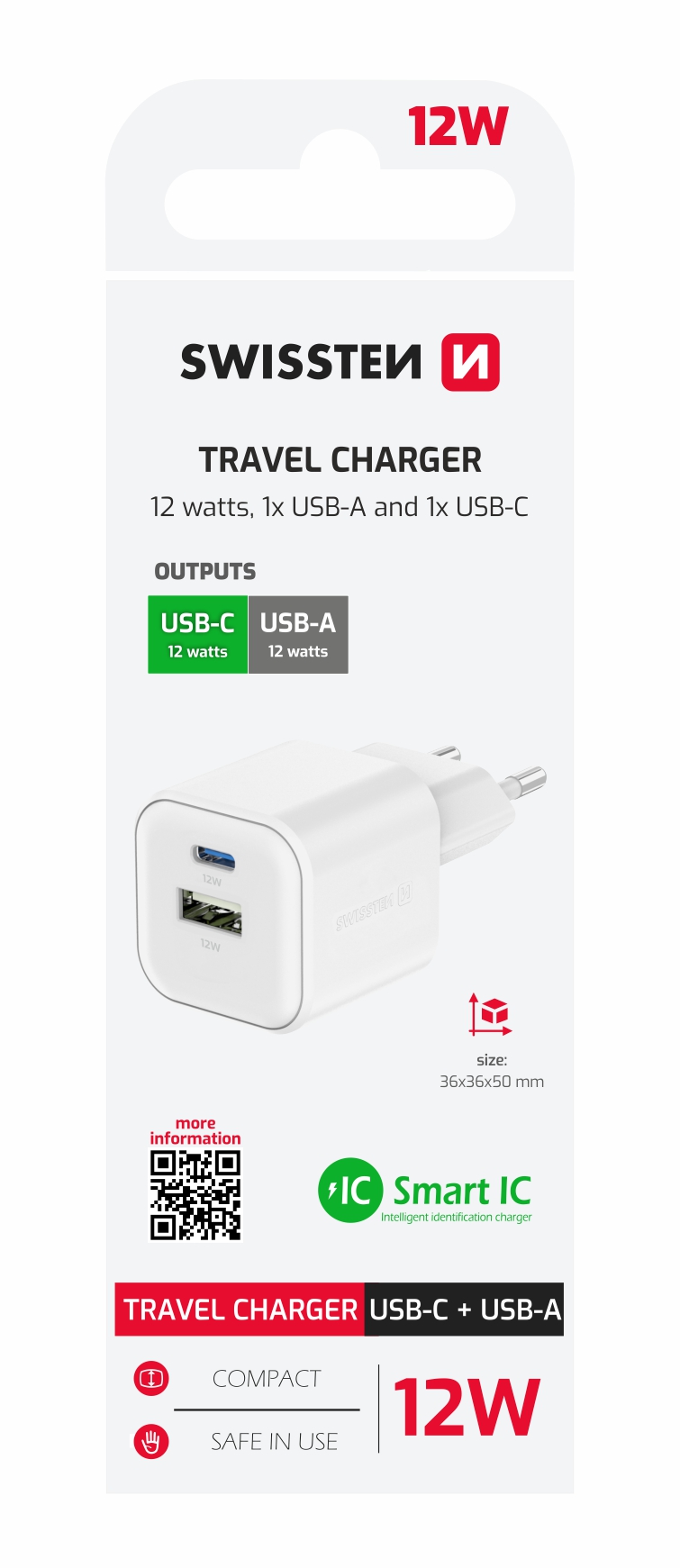 SWISSTEN punja� za AC220, 12W, 1xUSB-C, 1xUSB-A, Smart IC, 2.4A, bijeli