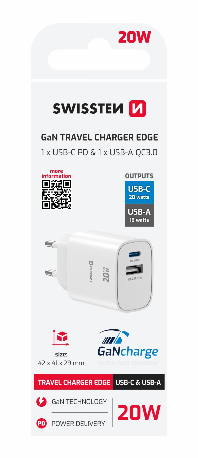 SWISSTEN punja� za AC220, EDGE, GaN 1xUSB-C PD 20W +1xUSB-A 18W QC Bijeli
