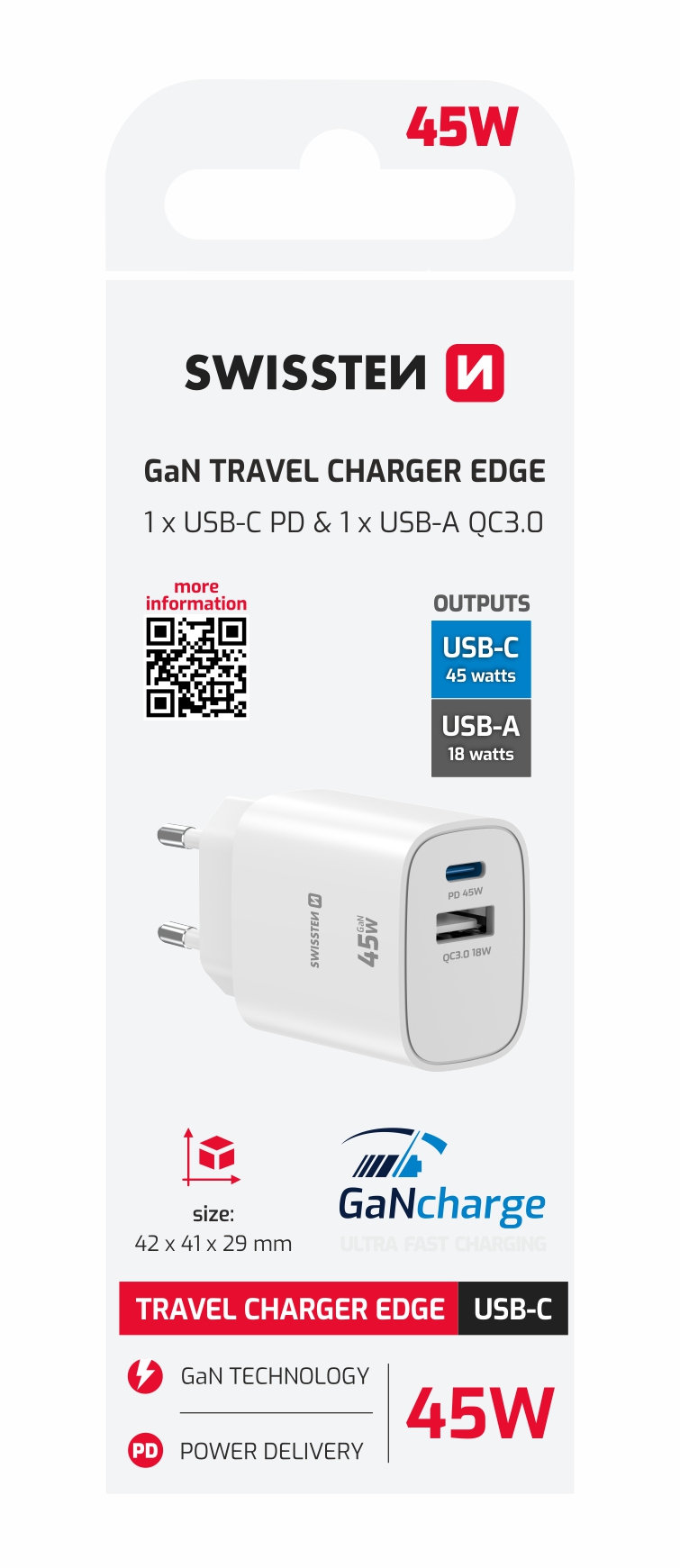 SWISSTEN punja� za AC220, EDGE, GaN 1xUSB-C PD 45W +1xUSB-A 18W QC Bijeli
