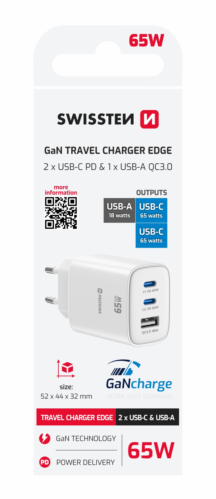 SWISSTEN punja� za AC220, EDGE, GaN 2xUSB-C PD 65W +1xUSB-A 18W QC Bijeli