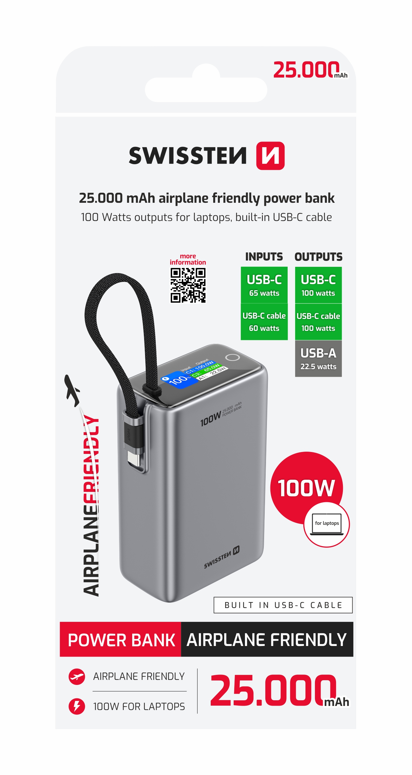 Dodatna baterija - Power Bank SWISSTEN 25000 mAh 100W  C-kabel, laptop i mobitel